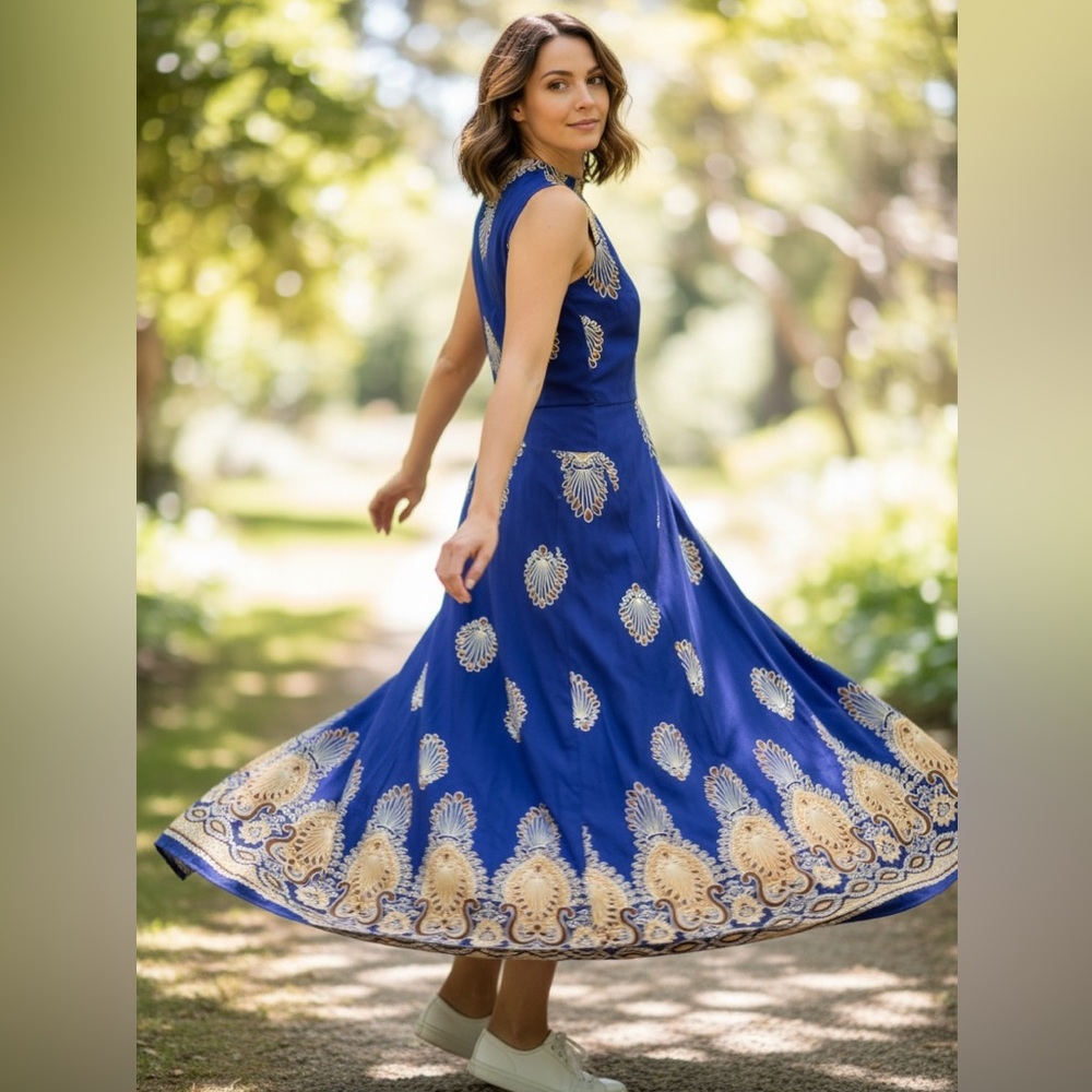 GM Fashion Sleeveless Blue Patterned Dress p2p~22” length: 50” with Pockets - Picture 10 of 10